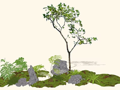 Lush Arbor with Green Plants and Scattered Stones in Natural Grassland 3d model
