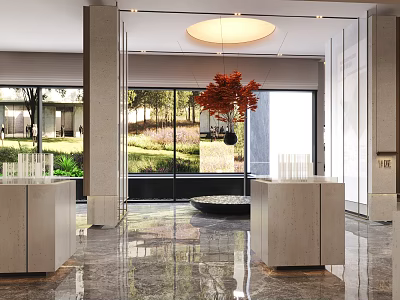 Elegant Modern Real Estate Sales Office Lobby With Polished Marble Floor And Large Panoramic Windows 3d model