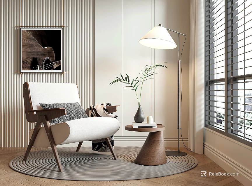 Modern Accent Chair with White Cushion Wooden Legs Floor Lamp and Potted Plant Near Window 3d model 
