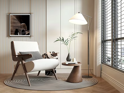 Modern Accent Chair with White Cushion Wooden Legs Floor Lamp and Potted Plant Near Window 3d model