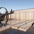 Modern Metallic Sculpture With Outstretched Arms Circular Halo On Reflective Pool Base Against Sunset Sky