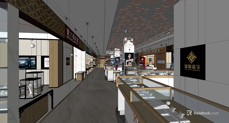 Elegant Jewelry Store Interior Featuring Glass Display Cases And Decorative Ceiling Design 3d model 