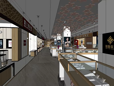 Elegant Jewelry Store Interior Featuring Glass Display Cases And Decorative Ceiling Design 3d model