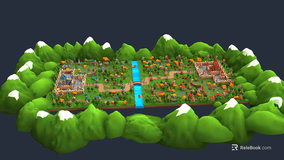 Colorful Cartoon Village Scene With Green Mountains White Peaks And River 3d model 