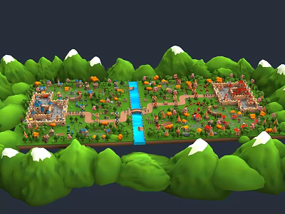 Colorful Cartoon Village Scene With Green Mountains White Peaks And River 3d model