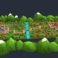 Colorful Cartoon Village Scene With Green Mountains White Peaks And River