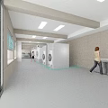 Bright Modern Spacious Commercial Laundry Room With Rows Of Professional Industrial Washing And Drying Machines
