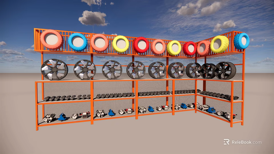 Industrial Equipment Storage Shelves With Multi Tier Display Of Colorful Tires And Black Rims 3d model 