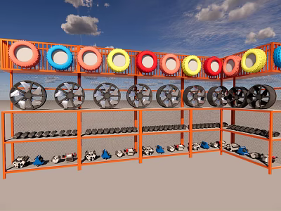 Industrial Equipment Storage Shelves With Multi Tier Display Of Colorful Tires And Black Rims 3d model