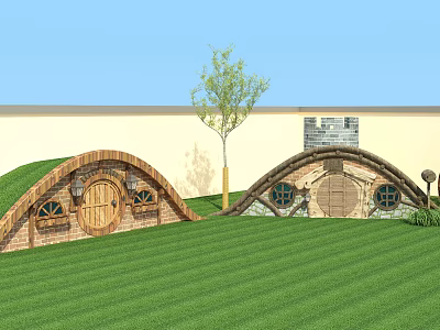 Grass Covered Roof Wooden House With Wooden Doors Windows And Brick Chimney On Green Lawn 3d model