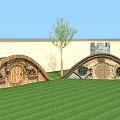 Grass Covered Roof Wooden House With Wooden Doors Windows And Brick Chimney On Green Lawn
