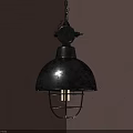 Industrial Black Metal Pendant Light With Dome Shade Metal Cage And Lit Bulb On Wall