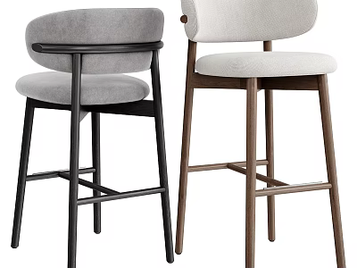 Modern Bar Stools With Upholstered Gray Beige Seats And Wooden Black Metal Legs 3d model