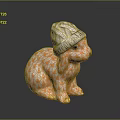 Ceramic Rabbit Figurine Wearing Patterned Hat With Orange White Fish Scale Design And Golden Paws 3d model