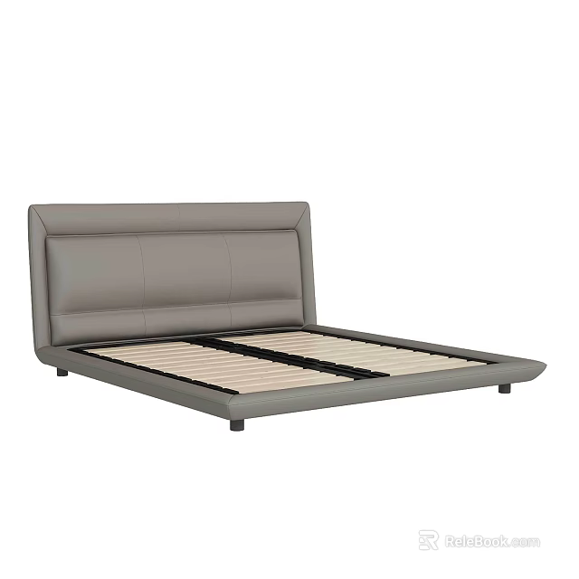 Modern Double Bed With Leather Headboard And Wooden Slats Support Frame 3d model 