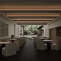 Modern Hotel Lobby Interior With White Tables Chairs Dark Tiled Floor And Strip Lighting