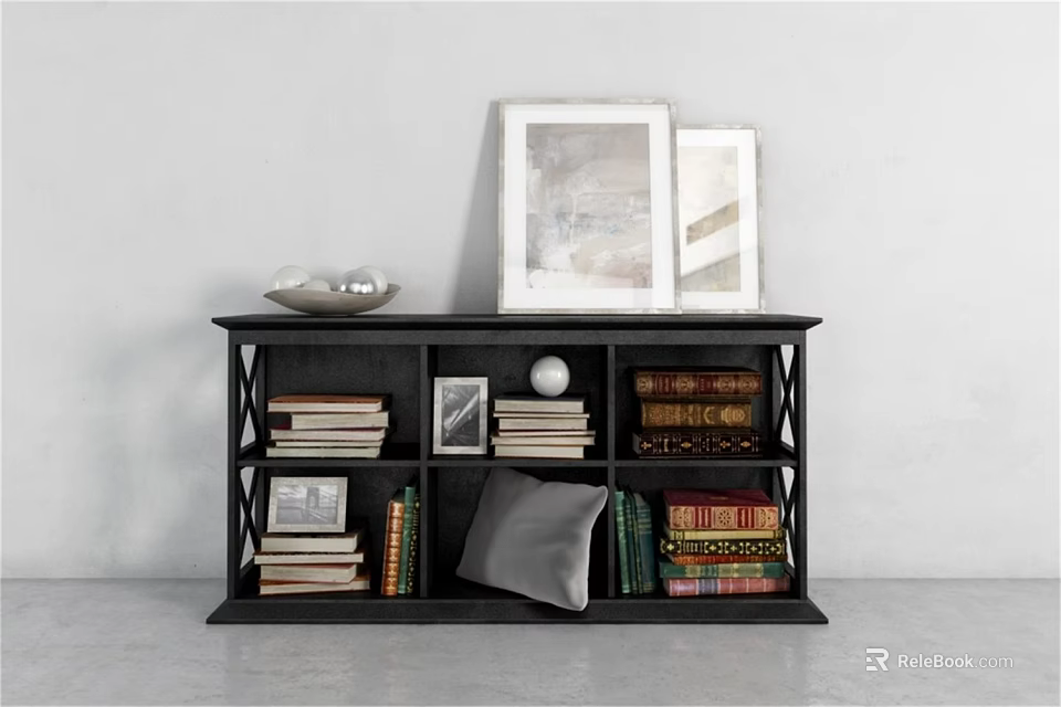 Black Open Bookcase With X Shaped Shelves Photo Frames Stacked Books Decorative Sphere And Throw Pillow 3d model 