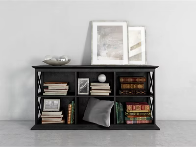 Black Open Bookcase With X Shaped Shelves Photo Frames Stacked Books Decorative Sphere And Throw Pillow 3d model
