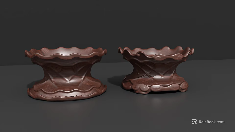 Two Brown Ceramic Vessels With Wavy Edges And Decorative Bases 3d model