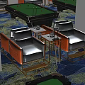 Billiard Room Interior With Orange Gray Sofas Blue Patterned Carpet And Tables 3d model