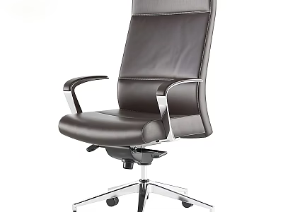 Brown Leather Office Chair with High Back Design Metal Armrests and Swivel Base Wheels 3d model