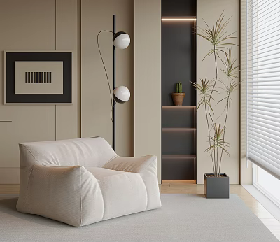 Modern Living Room Beige Single Seater Sofa with Floor Lamp Grey Bookshelf Potted Plant Blinds 3d model