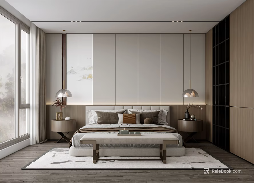 Modern Bedroom Interior Design With Comfortable Bed Multiple Pillows Pendant Lights And Soft Rug 3d model