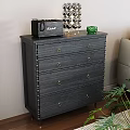 Dark Wood Entryway Cabinet Sideboard With Multiple Drawers Metal Handles And Decorative Items On Top