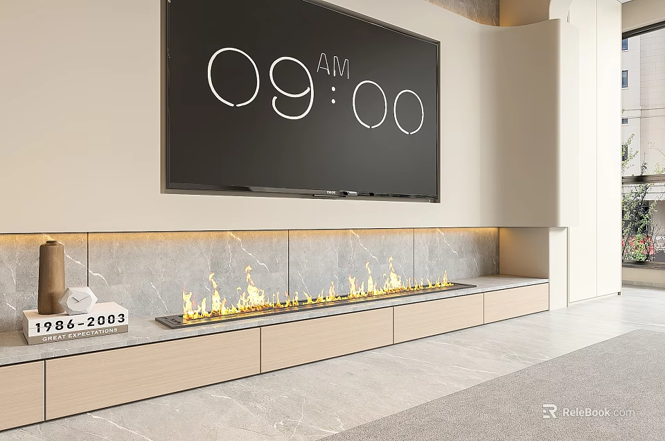 Modern Fireplace Design With Marble Backdrop Digital Display And Cabinets 3d model