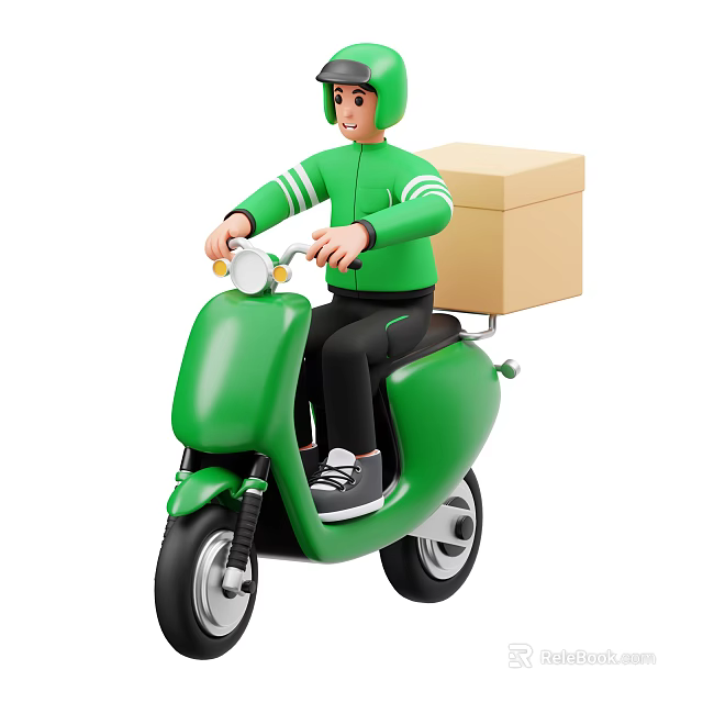 A Man Riding A Green Scooter With A Brown Delivery Package 3d model 