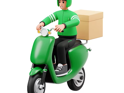 A Man Riding A Green Scooter With A Brown Delivery Package 3d model