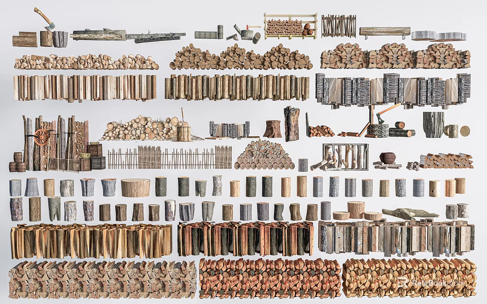 Diverse Stone and Wood Materials Collection with Logs Planks and Stones 3d model 