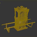 Traditional Ornate Sedan Chair With Golden Frame Painted Panels And Carrying Poles