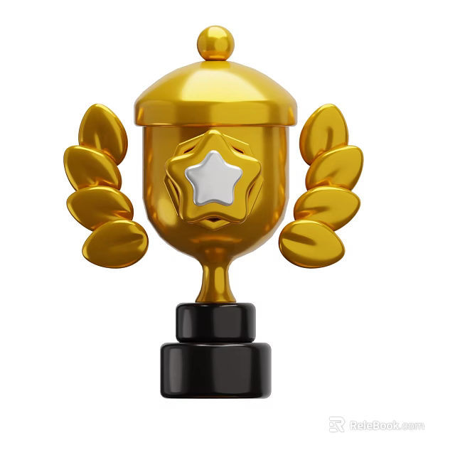 Golden Trophy Decorative Ornament Set With Leaf Decorations White Star And Black Base 3d model 