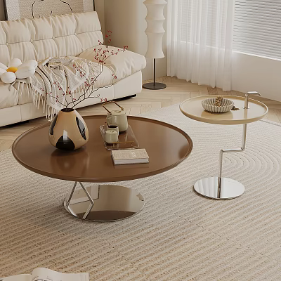 Round Brown Coffee Table With Vase Candles Book And Side Table In Living Room 3d model