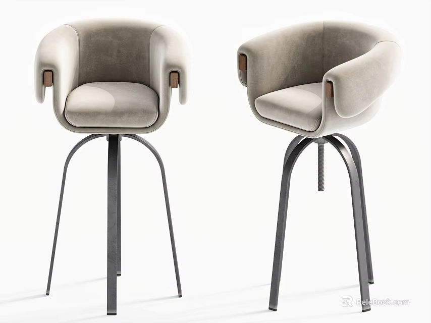 Modern Light Gray Velvet Bar Stools with Wooden Armrests and Metal Legs 3d model 