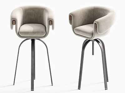 Modern Light Gray Velvet Bar Stools with Wooden Armrests and Metal Legs 3d model