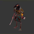 Anthropomorphic Crow Headed Warrior Character With Blue Brown Clothing Holding Sword Clawed Feet