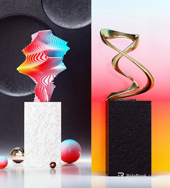 Colorful Wave Shaped And Gold Spiral Decorative Ornament Set With White Black Bases And Gradient Backgrounds 3d model 
