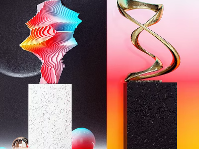 Colorful Wave Shaped And Gold Spiral Decorative Ornament Set With White Black Bases And Gradient Backgrounds 3d model