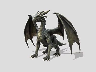 Mythical Flying Dragon With Large Wings Scaly Body Standing In Gray Background 3d model