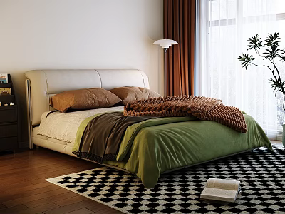 White Headboard Double Bed With Brown Pillows Green Quilt On Wooden Floor And Checkered Rug 3d model