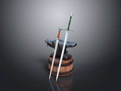 Two Medieval Swords With Green And Brown Handles On Anvil Over Wooden Barrel 3d model