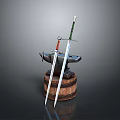Two Medieval Swords With Green And Brown Handles On Anvil Over Wooden Barrel