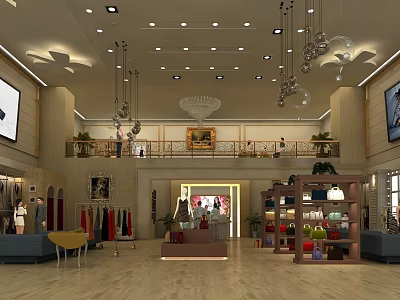 Spacious Hotel Lobby Interior With Elegant Chandeliers Display Areas And Green Plants 3d model