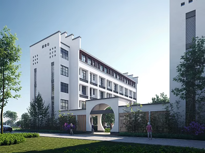 Modern White Multi Story School Building With Arched Entrance Greenery And Surrounding Trees 3d model