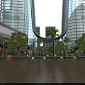 Modern Office Building with Glass Facade in Urban Plaza with Green Trees and Pedestrians