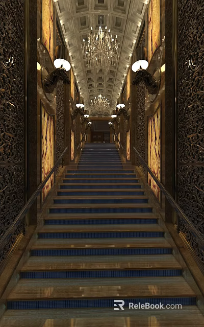 Luxurious Club Grand Staircase With Carved Walls Hanging Chandeliers And Blue Steps 3d model 
