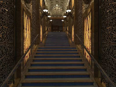 Luxurious Club Grand Staircase With Carved Walls Hanging Chandeliers And Blue Steps 3d model