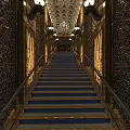 Luxurious Club Grand Staircase With Carved Walls Hanging Chandeliers And Blue Steps